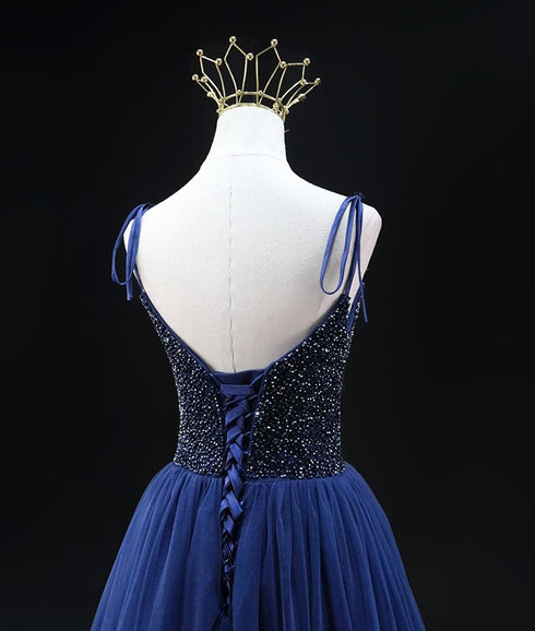 Navy Blue Wedding Dress - Sequin Evening Gown - Spaghetti Strap Dress with Lace-up Back Plus Size